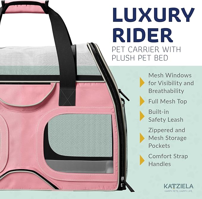 Katziela Pet Carrier - Airline Compliant Dog Carrier - TSA Approved Pet Carrier for Small Dogs and Cats - Soft FAA Travel Airplane Dog Carrier Luggage (Pink/White-6 Wheels)