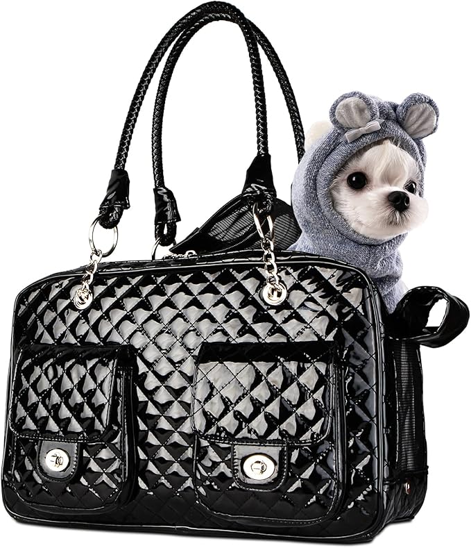 Soft-Sided Pet Travel Carrier Airline Approved for Pet Small Dog and Cat Collapsible, Black Shiny Patent Leather