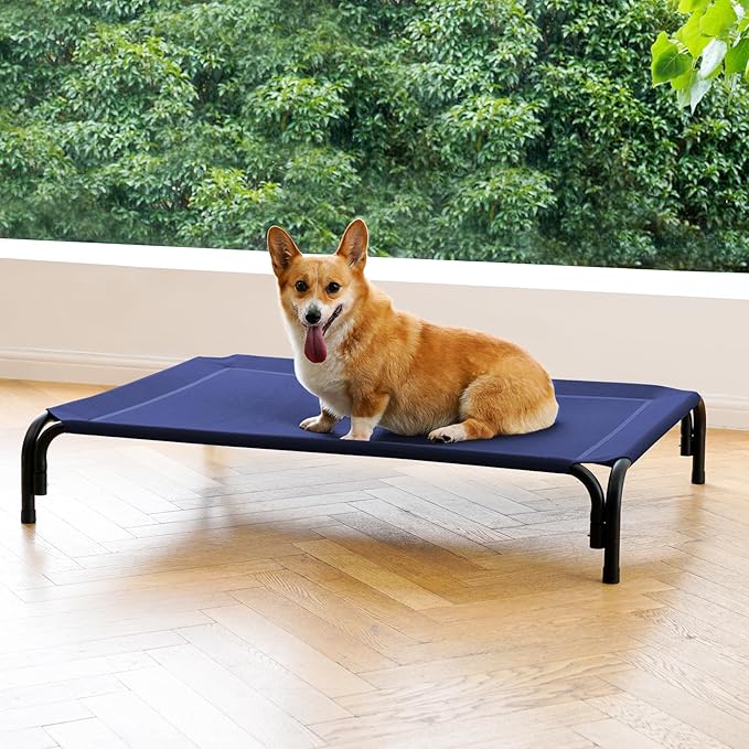 Elevated Dog Bed Raised Outdoor Dog Cot for Medium Dogs, Installation Requires No Tools, Frame with Washable Cooling Breathable Mesh Anti-Slip Feet, Indoor Pet Bed, Blue, 35.4 Inches