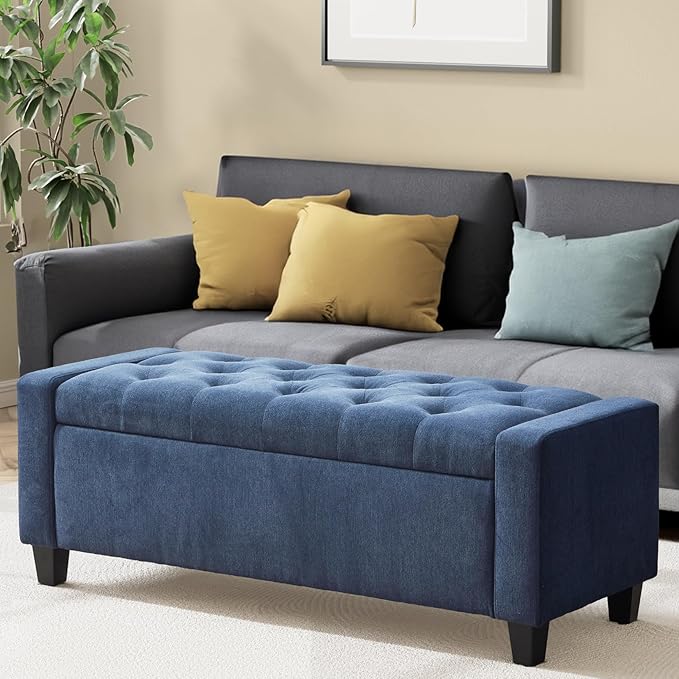 Ottoman with Storage, 48.8" Fabric Storage Ottoman Bench with Hinge, Bedroom Bench, Upholstered Benches with Seating for Living Room, Entryway (Dark Blue)