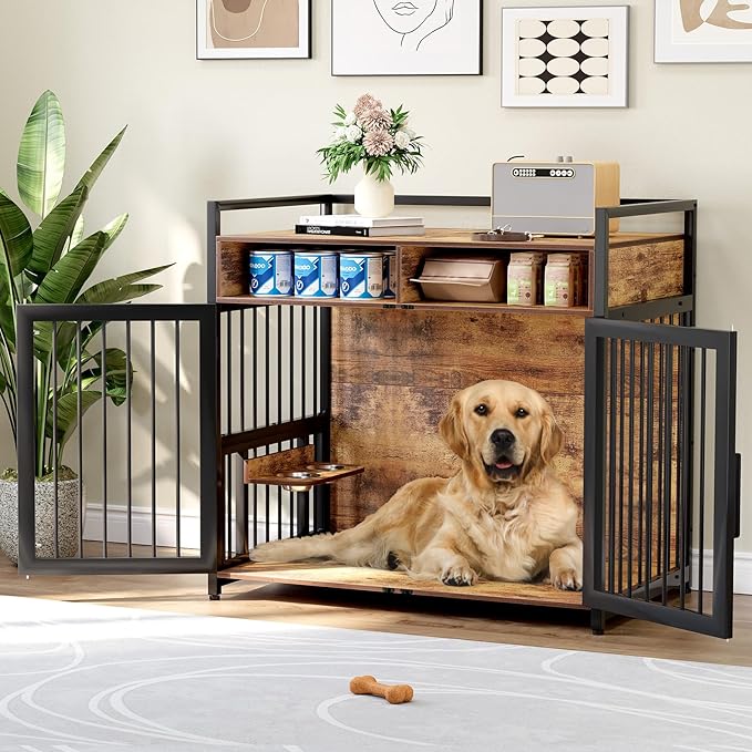 Furniture Style Dog Crate with Storage, 48 Inch Dog Crate Furniture with Double Doors, 2 Stainless Steel Bowls, Dog Crate Furniture-Style Crate for Large/Medium Dog