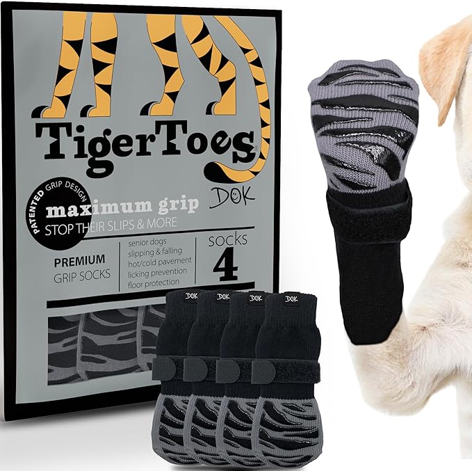 DOK TigerToes Premium Non-Slip Dog Socks for Hardwood Floors - Extra-Thick Grip That Works Even When Twisted - Prevents Licking, Slipping, and Great for Dog Paw Protection (XXXL)