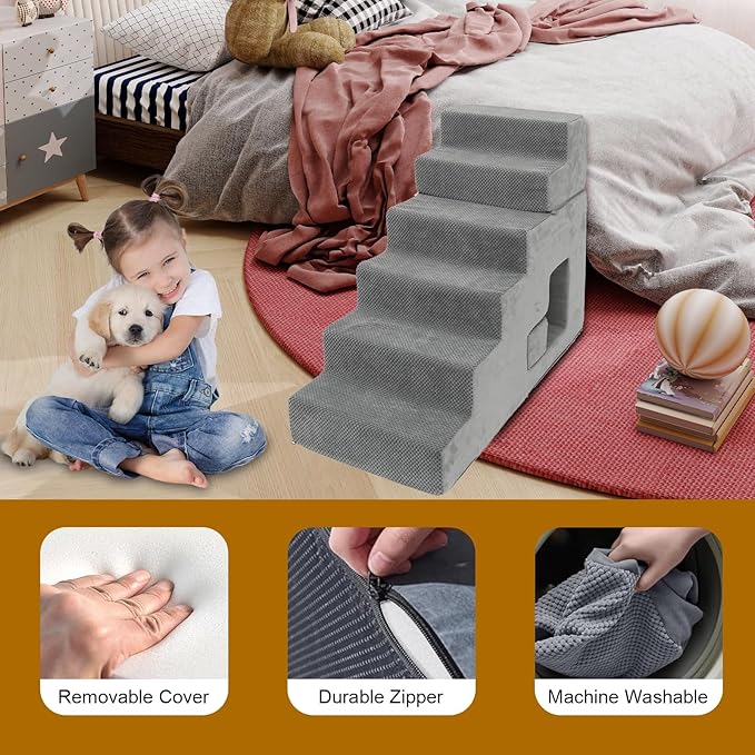 Dog Stairs for Small Dogs 27”H, 6-Step Dog Steps for High Bed, High-Density Foam Pet Stairs with Non-Slip Removable Washable Cover to Get on Bed
