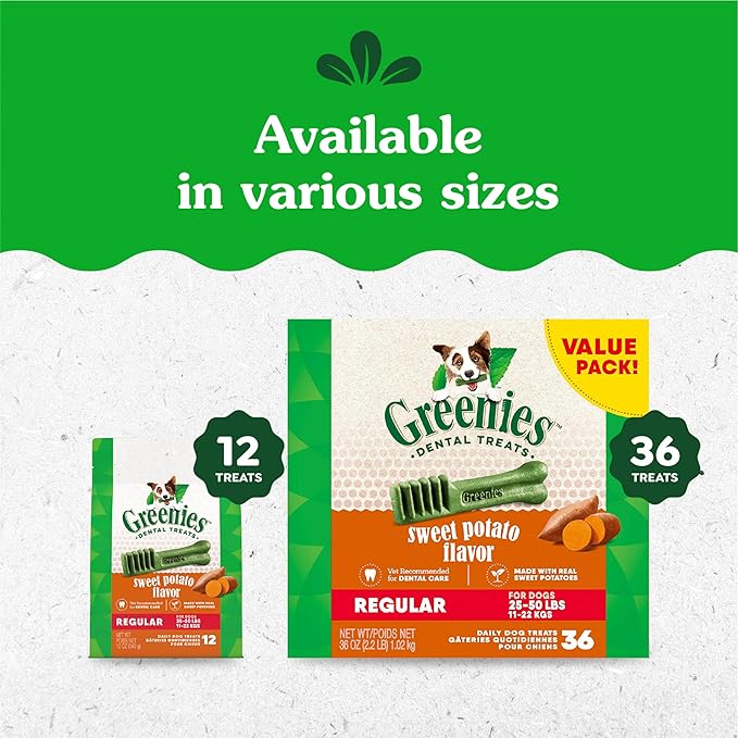 Greenies Regular Dental Dog Treats, Sweet Potato Flavor, 36 oz. Pack (36 Treats)
