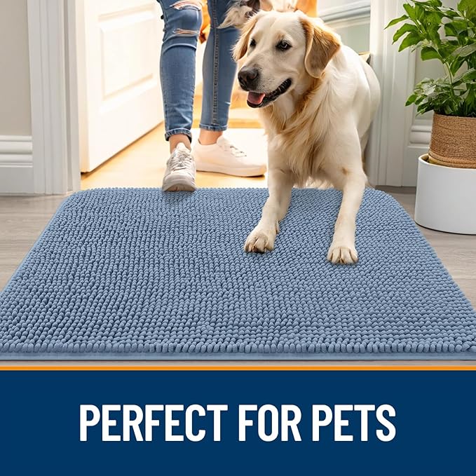 OLANLY Dog Door Mat for Muddy Paws 47x17, Absorbs Moisture and Dirt, Absorbent Non-Slip Washable Doormat, Quick Dry Chenille Mud Mat for Dogs, Entry Indoor Entryway Carpet for Inside Floor, Airy Blue