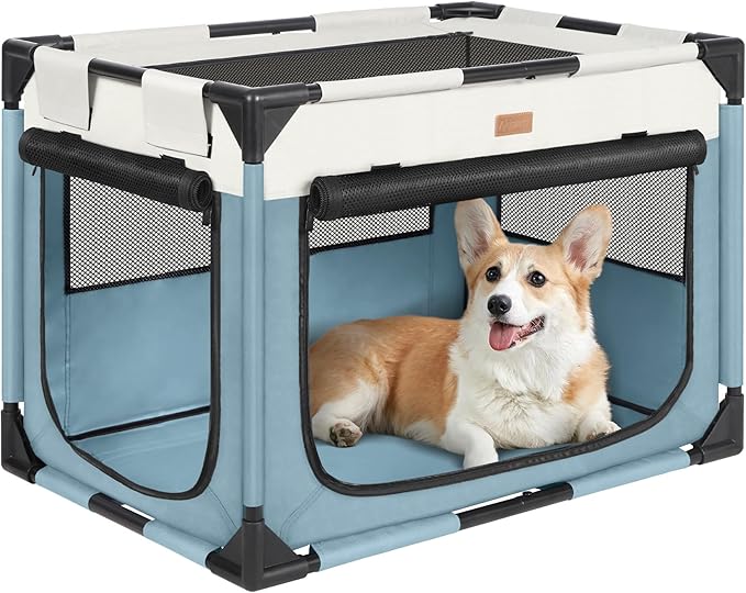 Dog Crate - Soft Pet Kennel for Dogs/Cats, 3-Door Breathable Travel Cage with Mesh Window, Portable Dog Kennel for Indoor & Outdoor, Blue-L