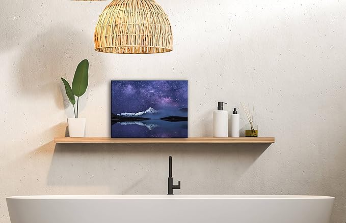 Peaceful Star Lake Landscape Wall Art For Bedroom,Starry Night Sky Over Snowy Mountain,Purple Milky Way Galaxy Scenery Decor,Giclee Canvas Print Picture, Inner Frame 12x16 Inches