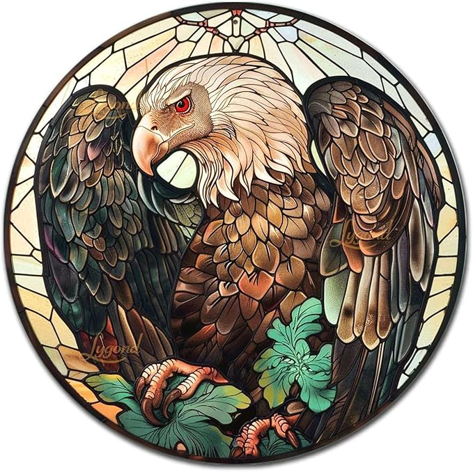 Lygond Metal Sign Tin Sign Circular Stained Glass Vulture Vintage Decor for Patio 8×8 Inches