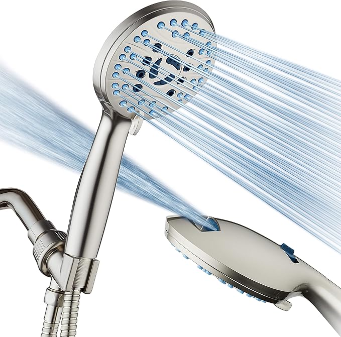 Hotel Spa AquaCare High Pressure 8-mode Handheld Shower Head, Anti-clog Nozzles, Built-in Power Wash to Clean Tub, Tile & Pets, Extra Long 6 ft. Stainless Steel Hose, Wall & Overhead Brackets