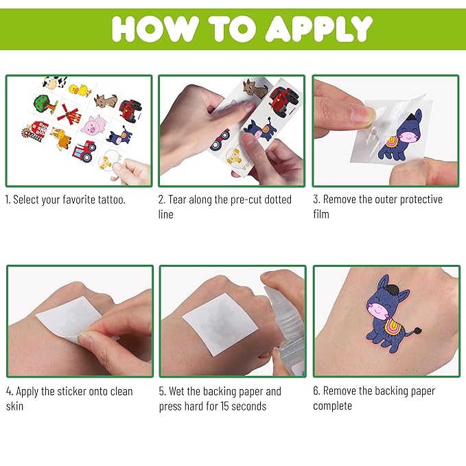 72 PCS Farm Barnyard Animal Pre-Cut Temporary Tattoos Sticker Birthday Decorations Party Supplies Favors Gift Boy Girl Farmhouse Cow Chicken Tattoo School Reward Themed (Normal)