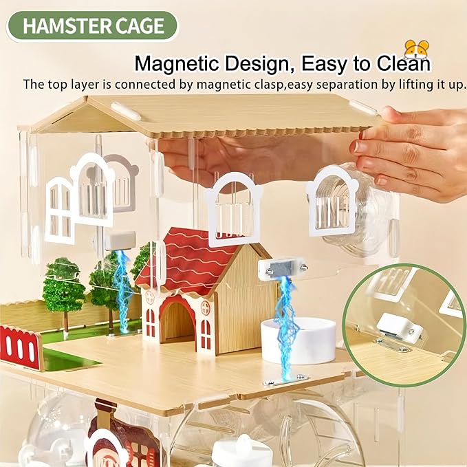 12 in 1 Clear Acrylic Hamster Cage with All Accessories,13.5''L* 10''W* 15''H Dwarf Hamster Cage,Magnetic Connection Small Hamster Enclosure,Garden Style Wooden Mouse Cage for Pet Mice(2-Layer,White)