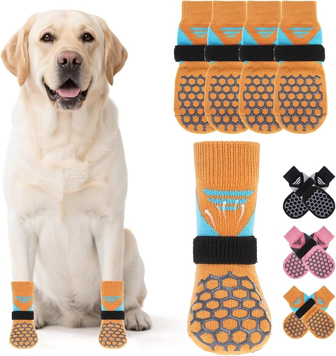KOOLTAIL Dog Socks for Hot Pavement, Summer Breathable Dog Socks to Prevent Licking Paws, Non Slip Pet Boots&Paw Protectors for Hardwood Floor,Grippy Shoes for Small Medium Large Senior Dogs,Orange S