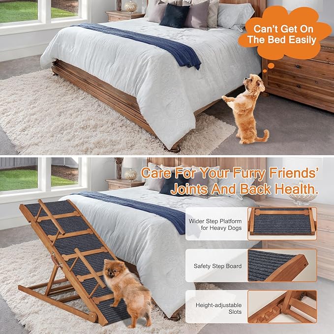 Wooden Dog Ramp for High Bed, 47.2" Long Non-Slip Dog Ramp for Couch, 6 Adjustable Heights from 15.7" to 28" with Side Rails for Small Medium Large Dogs(Up to 160 Lbs)