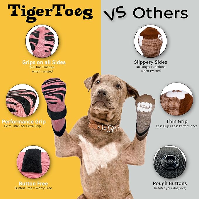 DOK TigerToes Premium Non-Slip Dog Socks for Hardwood Floors - Extra-Thick Grip That Works Even When Twisted - Prevents Licking, Slipping, and Great for Dog Paw Protection (XXS, Sassy Pink)