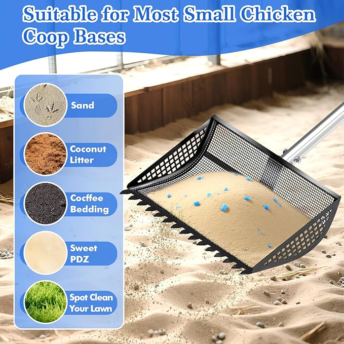12 Inch Chicken Poop Scooper & Rake 2-in-1, Large Metal Shovel Head, Rubber Handle Stainless Steel Chicken Litter Scoop for Chicken Coops, Litter Screening Scoop (35 to 65in) US Patent Pending (Black)