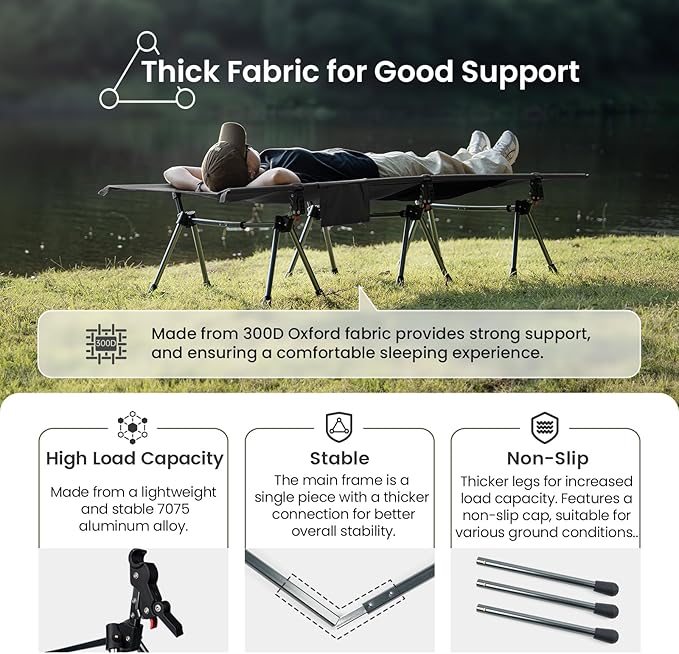 ONETIGRIS SUPRANUBIS Camping Cot, Height Adjustable with Cot Leg Extenders, Strong Support 330lbs, Lightweight Comfortable Folding Bed for Camping, Hiking, Travel, Truck, Beach, Office Nap