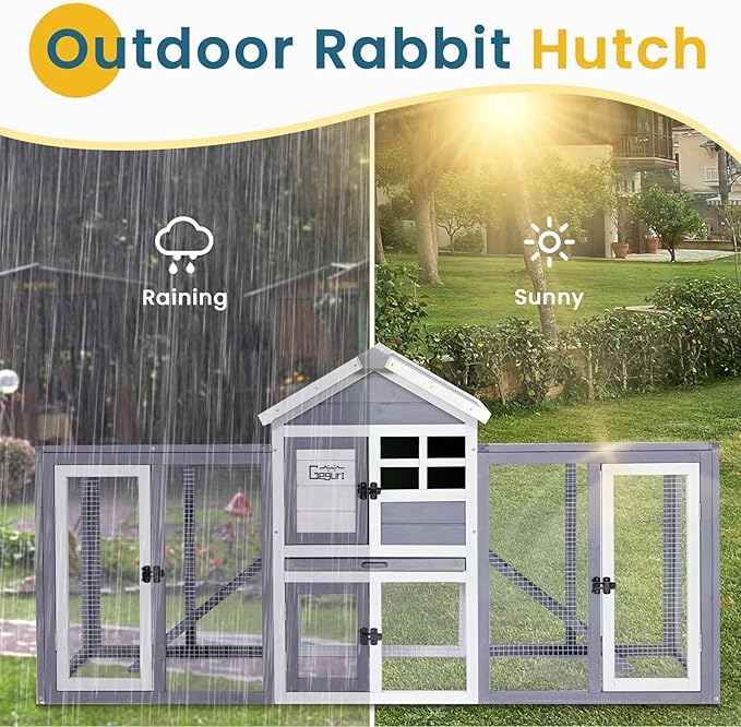 GEGURI Wooden Rabbit Hutch, Indoor Outdoor Chicken Coop Bunny Cage with Waterproof Roof