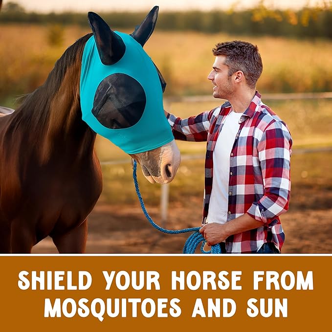 Horse Fly Mask - Arab Equine Fly Mask with Full Coverage for Eye & Ear - Stretchable, UV & Sun Protection Flymask for Horses, Ponies & Mini Horses - Horse Face Cover for Pasture & Trail - Teal