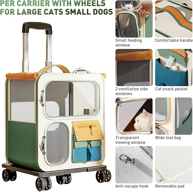 Cat Carrier with Wheels, Soft Rolling Pets Carrier Collapsible on Wheel Pet Handbag Cats Backpack, Dog Carriers up to 25 LBs Removable Cat Bag for Small Dogs Medium Cats Outing(NOT for TSA)