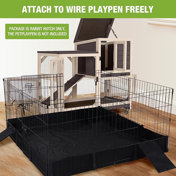 GUTINNEEN Rabbit Hutch Indoor Mobile Bunny Cage with Run Wooden 2 Story Guinea Pig Cage Outdoor for Small Animals with Wheels,Two Deeper No Leak Trays(Brown)