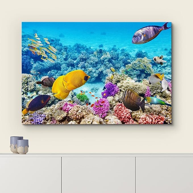 wall26 Canvas Print Wall Art Vibrant Teal Underwater Fish Coral Reef Nature Animals Photography Realism Rustic Scenic Landscape Wilderness Earth Colorful for Living Room, Bedroom, Office - 24"x36"