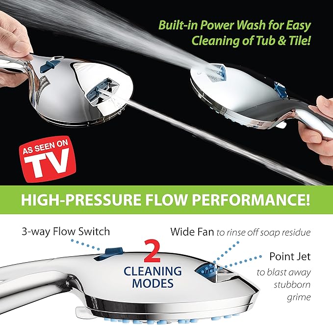 Hotel Spa AquaCare High Pressure 8-Mode Handheld Shower Head - Anti-clog Nozzles, Built-in Power Wash to Clean Tub, Extra Long 6 ft. Stainless Steel Hose, Wall & Overhead Brackets