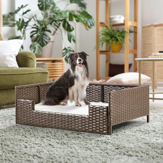 YITAHOME Rattan Dog Sofa Bed with Cushion, Wicker Pet Bed Sofa Couch Indoor Outdoor Waterproof for Large Medium Small Dogs Cats (34.6''L*23.6''W*11.8''H,Beige)
