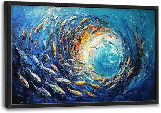 Extra Large Framed Abstract Ocean Fish Wall Art,Oversized Blue Sea Nautical Fish Wall Decor Pictures for Living Room,Canvas Print Painting Modern Artwork Bedroom Office Bathroom Home Decor 36L x24W