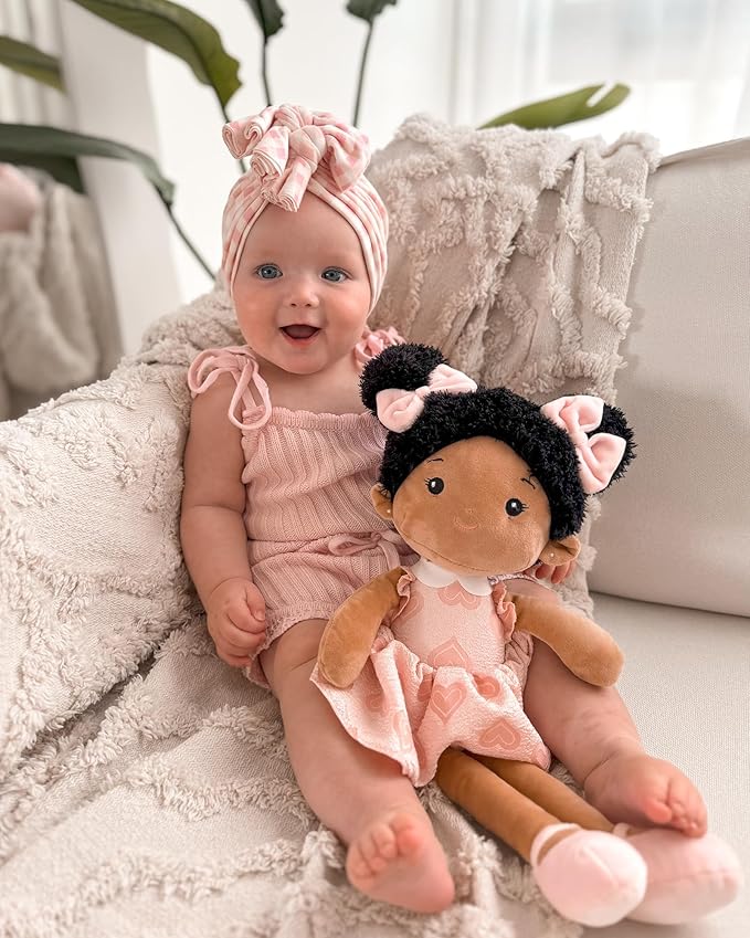 Soft Baby Doll Toys (16''), My First Baby Rag Doll for 1 Year-Old Girl Birthday Gift, Christmas Plush Toys Gift for Toddler Kids Infants-Sweetheart(Double Buns Tanned)