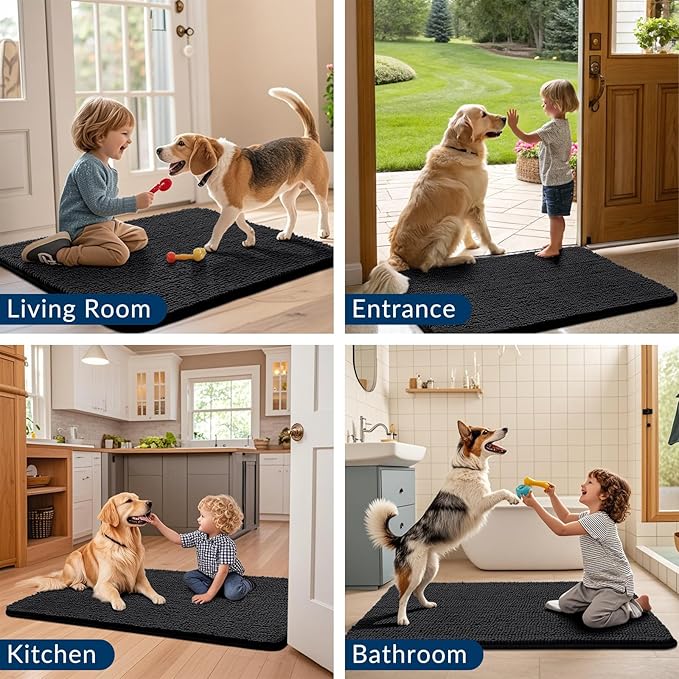 Smiry Dog Door Mat for Muddy Paws 71x46, Absorbs Moisture and Dirt Doormat, Non-Slip Washable Quick Dry Chenille Front Door Mat Indoor Entrance, Entryway Carpet for Inside Floor, Black