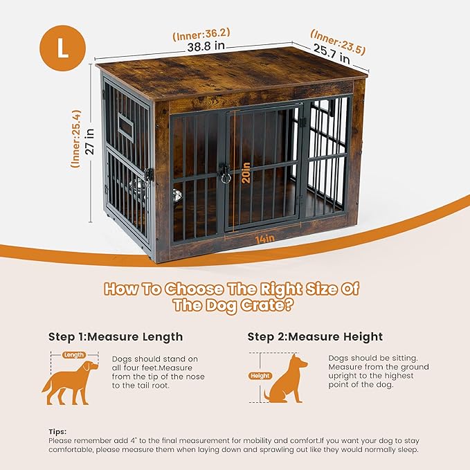 Gardner Pet Dog Crate Furniture for Medium Dogs, 38.8 Inch Dog Kennel Indoor, Wooden Dog Cage End Table with 2 Removable Bowls, Heavy Duty Dog Crate, Rustic Brown