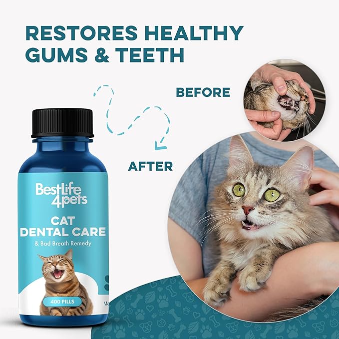 Cat Dental Supplement for Bad Breath, Tartar & Gum Support – Natural Oral Tablets for Fresh Breath, Teeth & Gum Wellness and Plaque Control – Odorless & Tasteless – 400 Easy-to-Give Pills