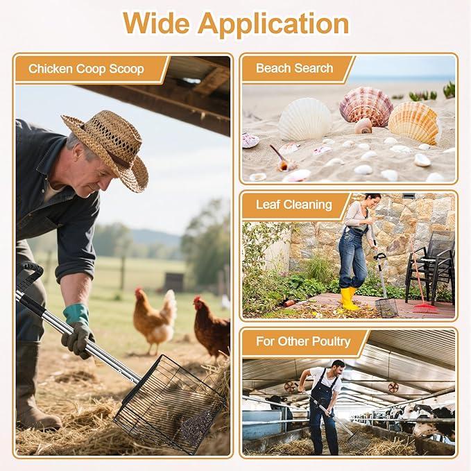 15" Chicken Poop Scooper & Rake, Metal Chicken Coop Scoop for Poop with 24 to 68" Adjustable Stainless Steel Handle, Litter Scooper Sifting Shovel Chicken Coop Accessories