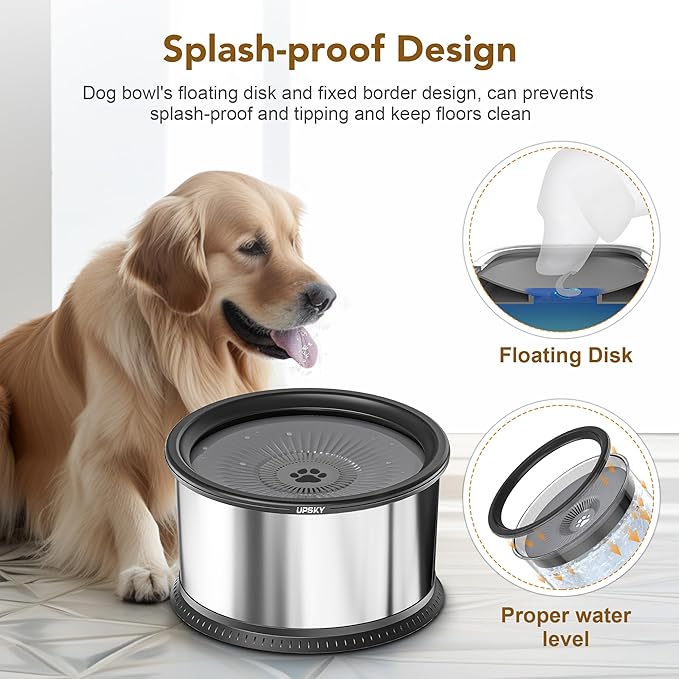 UPSKY 6.5L Super Large Capacity No Spill Dog Water Bowl - 1.6 Gallon Stainless Steel Spill Proof Slow Feeder With Anti-Slip Mat for Messy Drinkers - Black