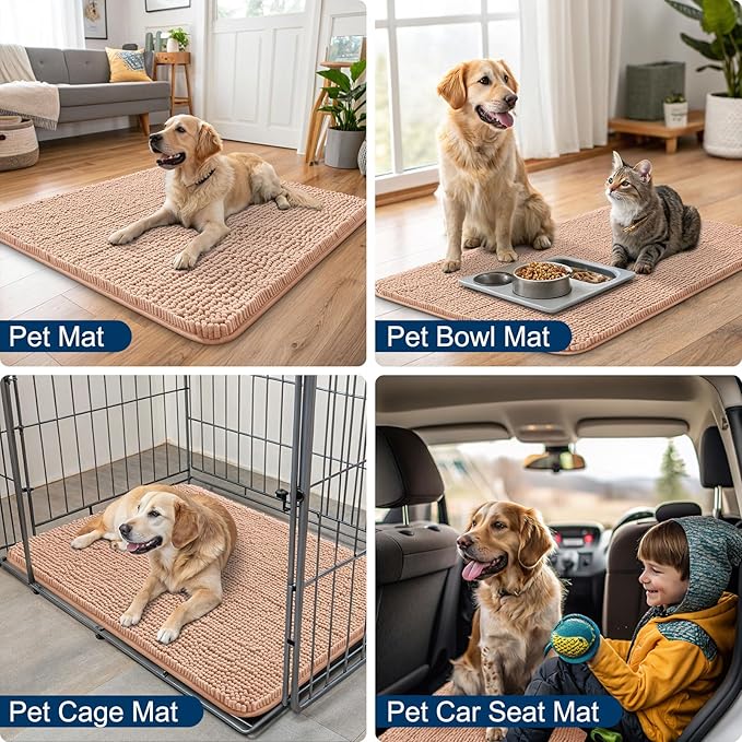 Smiry Dog Door Mat for Muddy Paws 30x20, Absorbs Moisture and Dirt Doormat, Non-Slip Washable Quick Dry Chenille Front Door Mat Indoor Entrance, Entryway Carpet for Inside Floor, Peach