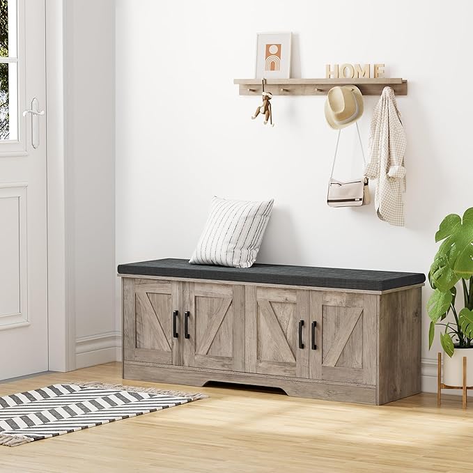 2-Tier Storage Bench, Shoe Bench with Padded Seat Cushion, Entryway Bench with 4 Barn Doors, Adjustable Shelf, 13.8" D x 47.2" W x 17.7" H, for Entryway, Living Room, Bedroom, Greige