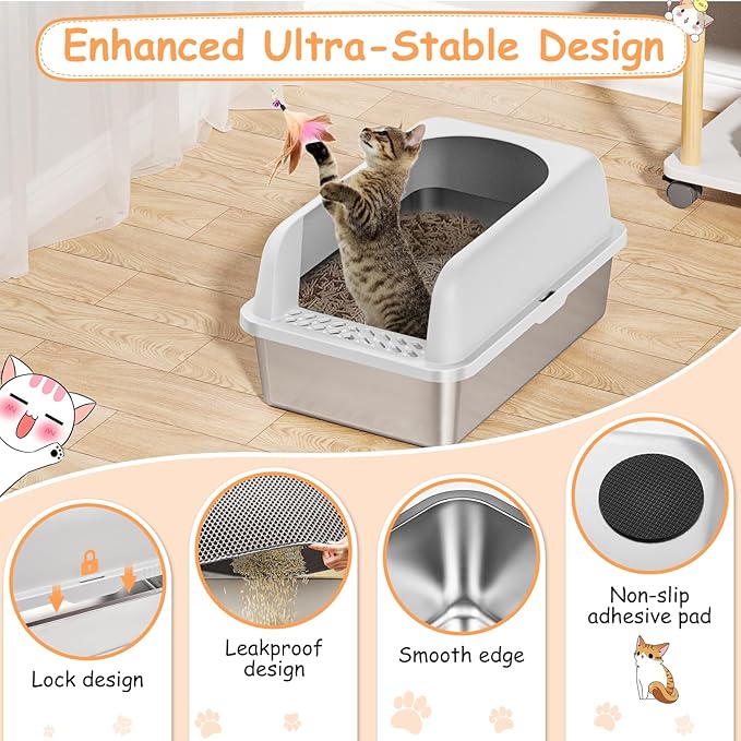2 Pack Stainless Steel Litter Box, 24'' XL Extra Large Cat Litter Box with Lid, Metal Litter Boxes for Multiple Cats, Anti-Leakage,Non-Stick, Easy to Clean, Included Cat Litter Mat, Scoop