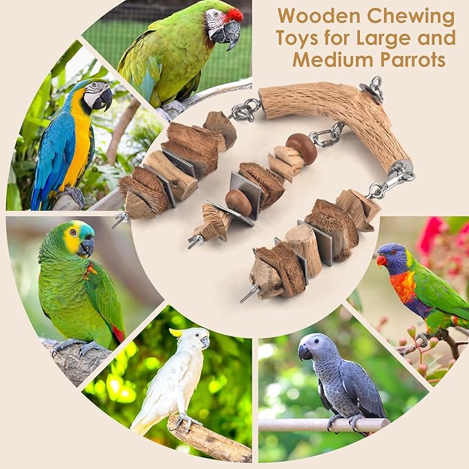 Bird Parrot Toys, Large Birds Wooden Chew Blocks with Stainless Steel Cage Hanging Bite Toy for Macaws, African Greys, Cokatoos, Amazon Parrots and Small Medium Parakeets
