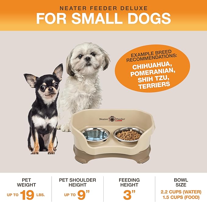 Neater Pet Brands Neater Feeder Deluxe Mess Proof Dog Bowls Elevated for Small Dogs Under 19 lbs, Made in USA, No Spill Raised Dog Food Bowl Stand Feeding Station, Food and Water Bowl Set, Cappuccino