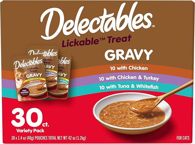 New! Delectables Gravy Lickable Wet Cat Treat & Food Topper, Variety, 30 Pack