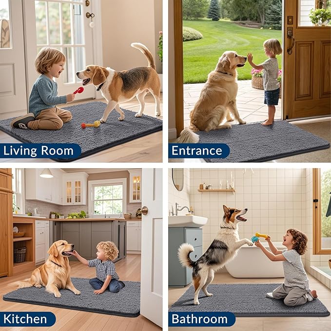Smiry Dog Door Mat for Muddy Paws 71x46, Absorbs Moisture and Dirt Doormat, Non-Slip Washable Quick Dry Chenille Front Door Mat Indoor Entrance, Entryway Carpet for Inside Floor, Dark Grey