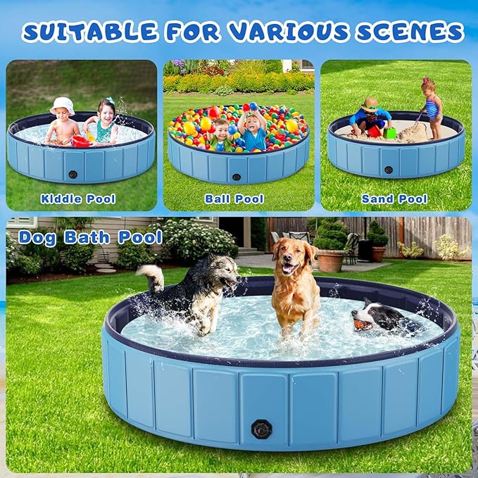 Foldable Dog Swimming Pool, Totiro 91"x16" Oversize Collapsable Hard Plastic Portable Bathing Tub for Pet Dog Kiddie Pool Indoor and Outdoor Leakproof PVC Play Pool for Large Dogs Pets Puppy Kids Blue
