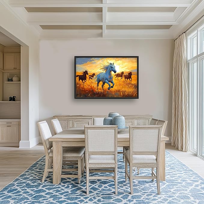 Framed Large Horse Wall Art for Living Room, Oversized Running Horses Wall Decor, Sunset Field Landscape Canvas Painting Home Decoration for Living Room Bedroom Dining Room Office 36"x24"