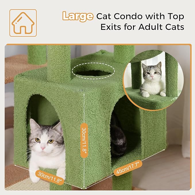 72” Cat Tree for Large Cats Big Cat Tower with Enlarged Hammock 21.6x17.7” Spacious Cats Condo House and Roomy Top Bed and Multiple Scratch Posts for Indoor Adult Cats (Green, XLarge-72)