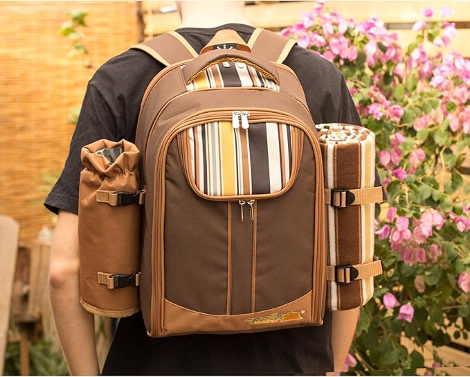 Apollo Walker Picnic Backpack Bag for 4 Person with Cooler Compartment,Wine Bag, Picnic Blanket(45"x53"),Best for Family and Lovers Gifts (Brown)