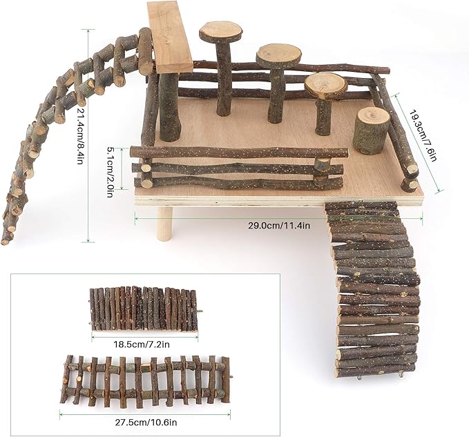 HOSUKKO Hamster Climbing Toys Wooden Hamster Playing Activity Set, Hamster Activity Playground Climb Platform Apple Wood Chewing Toys for Hamster Small Pets (D-Playground with Large Bridge)