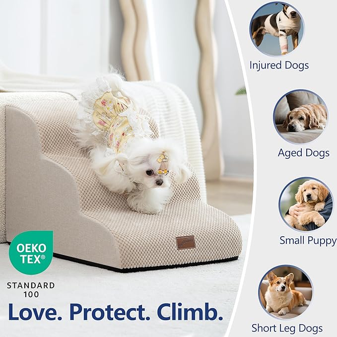 GoGoBunny Ramp Dog Stairs for Couch Sofa and Chair 15.7" H, 3-Step Pet Steps for Small Dogs and Cats, Non-Slip Waterproof Fabric Cover, Stable and Balanced Indoor Step, Pets Friendly, Beige