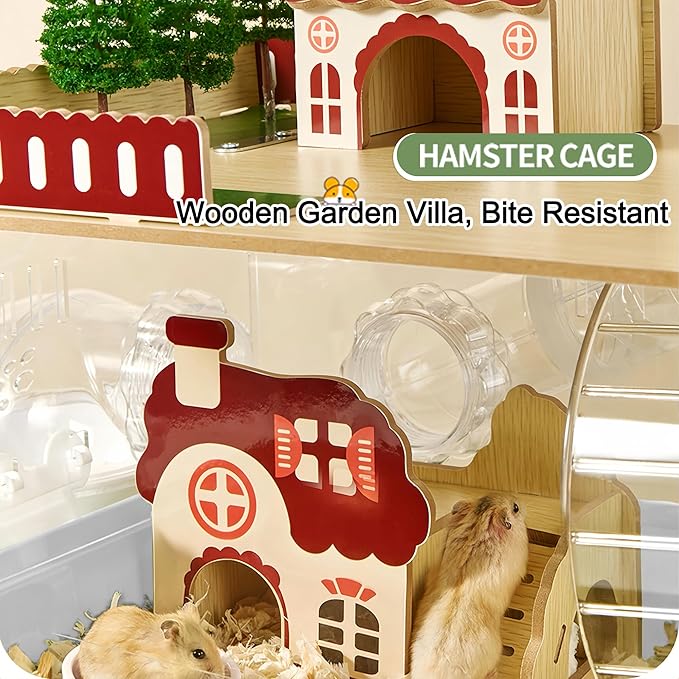 12 in 1 Clear Acrylic Hamster Cage with All Accessories,13.5''L* 10''W* 15''H Dwarf Hamster Cage,Magnetic Connection Small Hamster Enclosure,Garden Style Wooden Mouse Cage for Pet Mice(2-Layer,White)