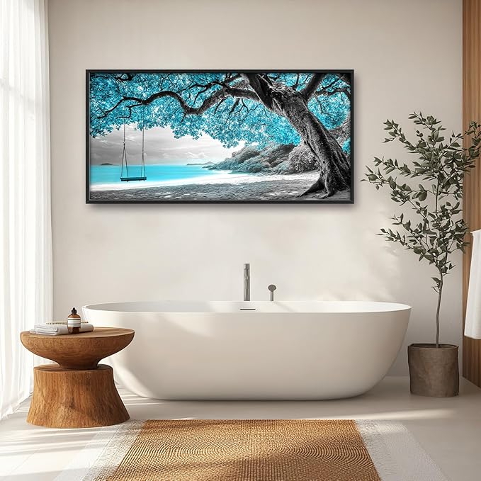 Extra Large Framed Abstract Tree Wall Art,Black and White Tree of Life Wall Decor,Blue Teal Sea Pictures for Living Room,Canvas Print Painting Modern Artwork Bedroom Office Bathroom 60L x 30W