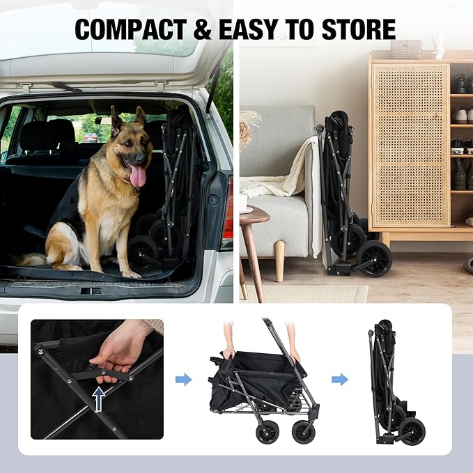 REDCAMP Folding Dog Wagon Cart with Removable Canopy Heavy Duty, 220L Large Collapsible Utility Cart Dog Stroller with Tailgate for Sports Shopping Pet, Black